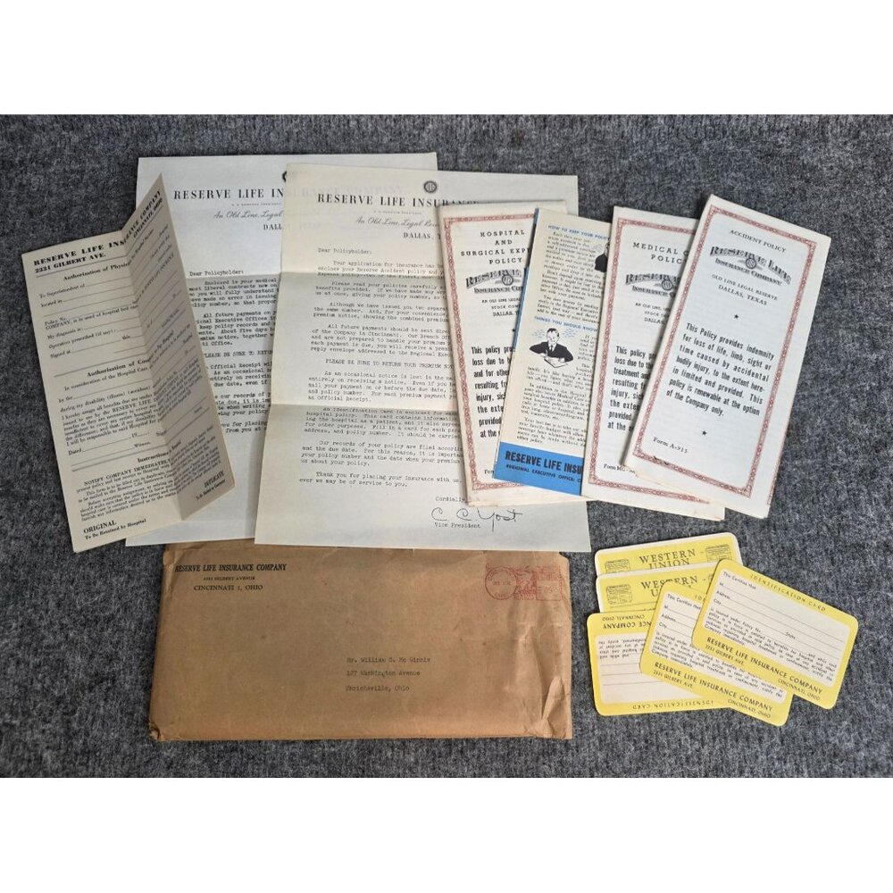 Reserve Life Insurance Policies & Documents Vtg Set